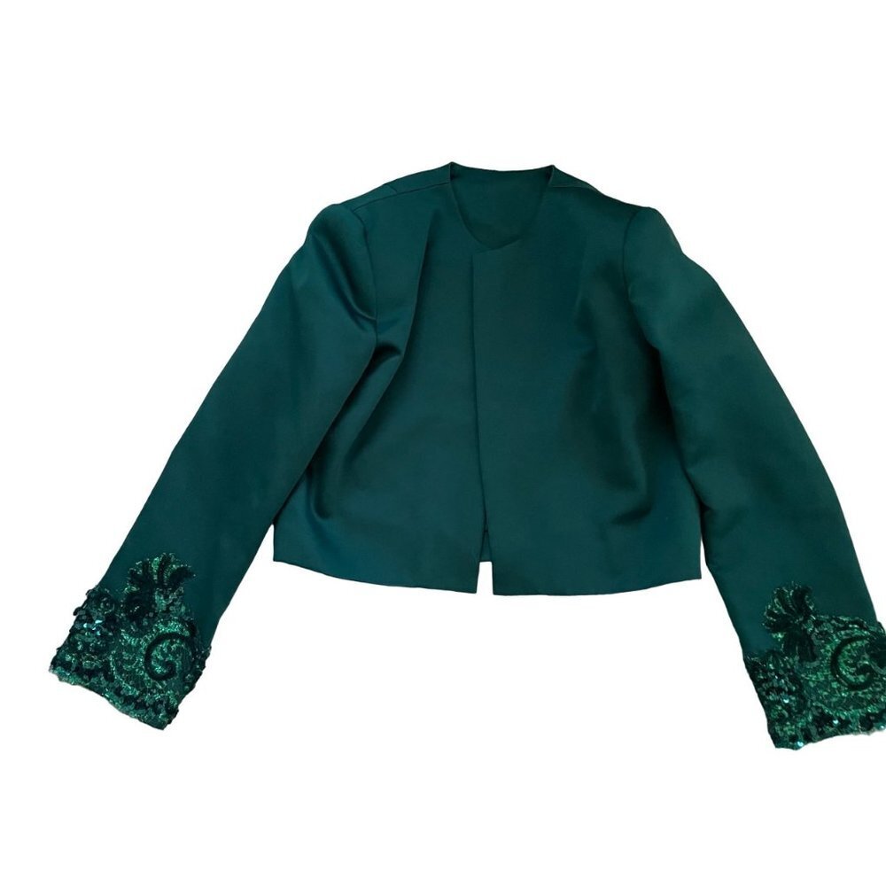 Victor Costa Women Cropped Suit Jacket Sequined Long Sleeve Open Front Green